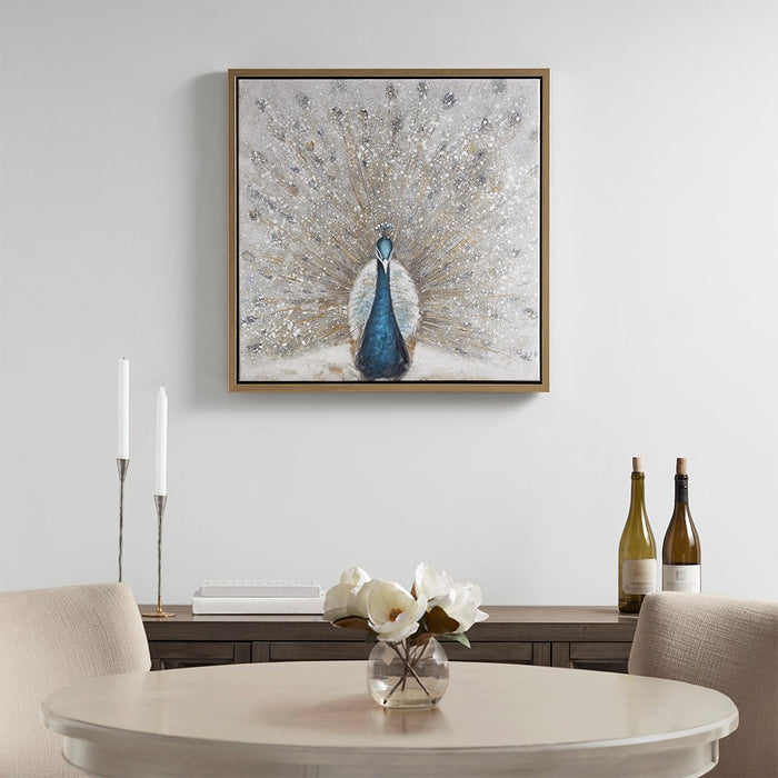 Framed-Glittered-Peacock-Canvas-Art-White-Stone-Decor