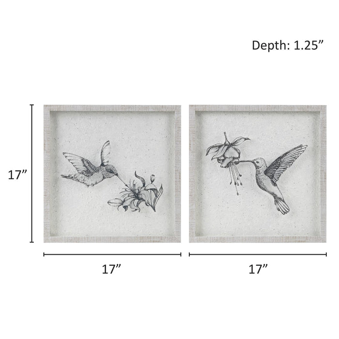 Framed-Silver-Humming-Bird-2-Piece-Wall-Art-White-Stone-Decor-6