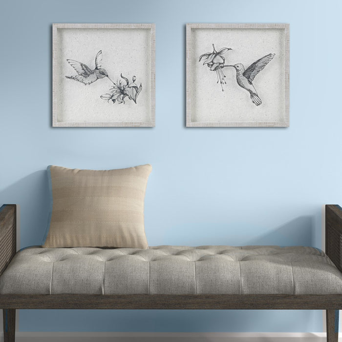 Framed-Silver-Humming-Bird-2-Piece-Wall-Art-White-Stone-Decor