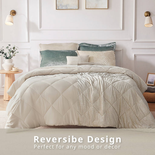 Reversible-Beige-Nellie-Luxury-Velvet-Comforter-Set-White-Stone-Decor-1