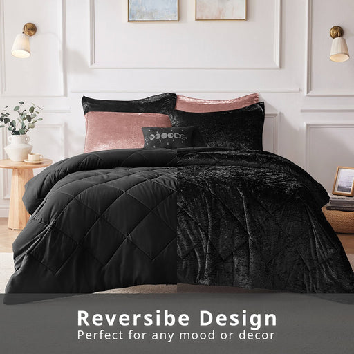 Reversible-Black-Nellie-Luxury-Velvet-Comforter-Set-White-Stone-Decor