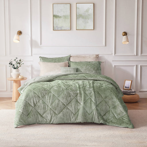 Reversible-Green-Nellie-Luxury-Velvet-Comforter-Set-White-Stone-Decor