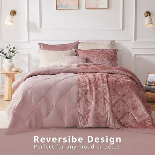 Reversible-Pink-Nellie-Luxury-Velvet-Comforter-Set-White-Stone-Decor-1