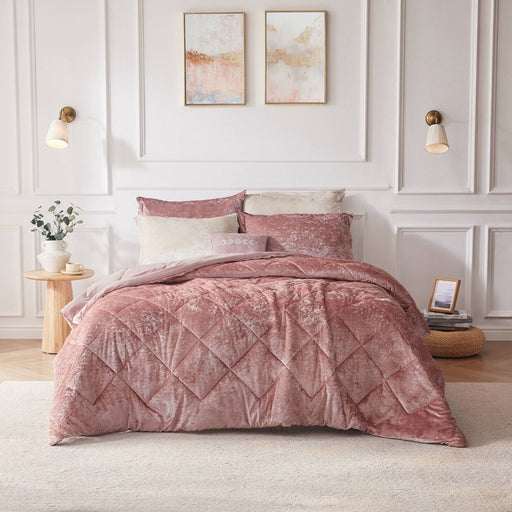 Reversible-Pink-Nellie-Luxury-Velvet-Comforter-Set-White-Stone-Decor
