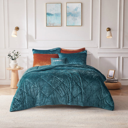 Reversible-Teal-Nellie-Luxury-Velvet-Comforter-Set-White-Stone-Decor